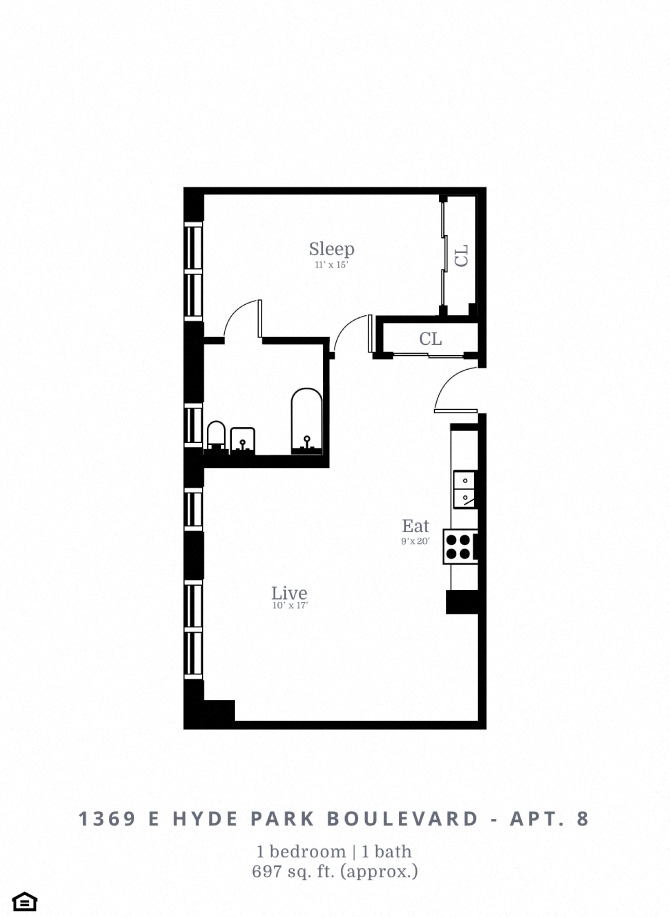 Floor plan for 1 bed, 1 bath, 659 sqft